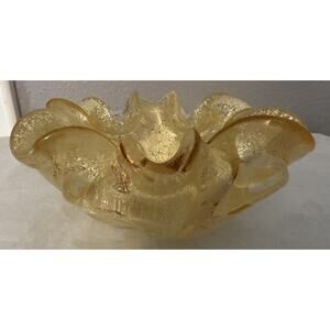 Vintage Murano Glass Aventurine Gold Flecks Ruffled Bowl Ashtray Candy Dish MCM